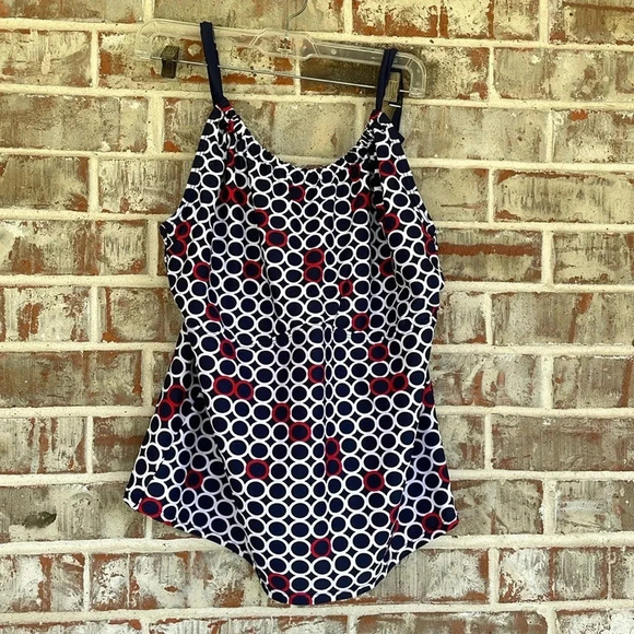 Liz Claiborne Navy White Red Circles Tankini Swim Top - Picture 1 of 8